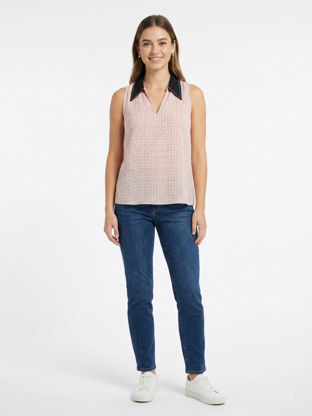 Dorothee Schumacher Blouse Top Womens L  Pink Check Sleeveless Contrast Collar